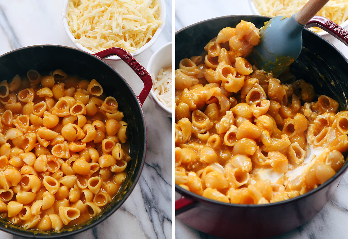 adding cream cheese to butternut mac and cheese