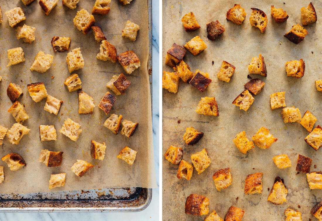 croutons, before and after baking