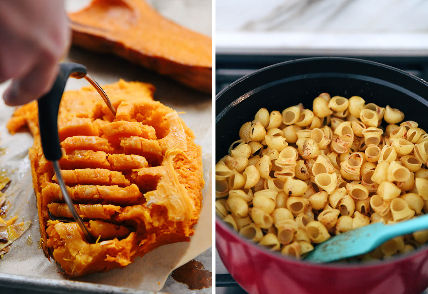 mashing butternut and toasting pasta