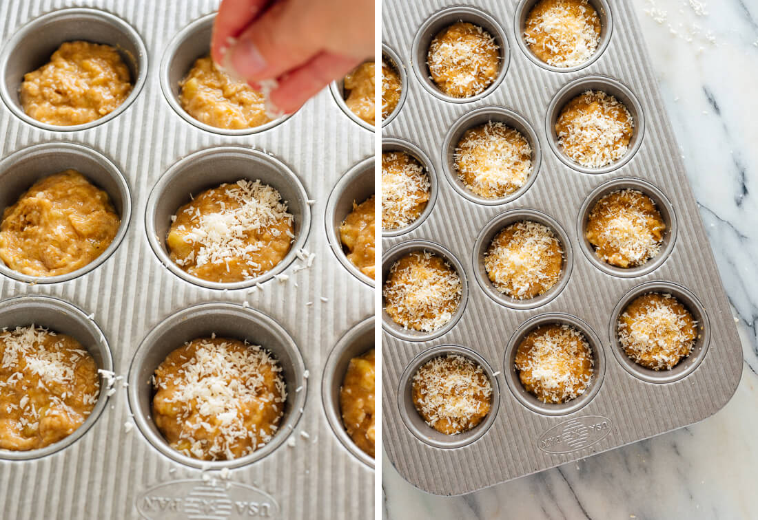 sprinkling coconut over banana muffins