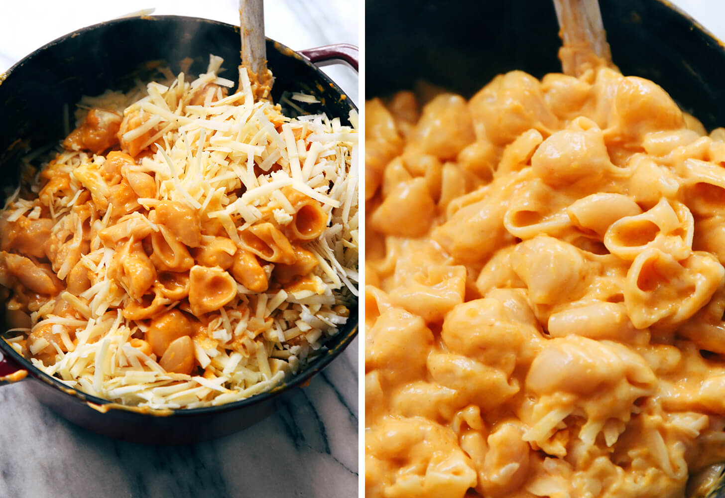 stirring cheese into pasta